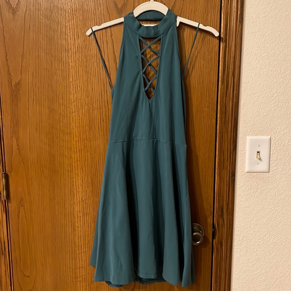 Express teal cotton sleeveless collared cross short summer dress size medium